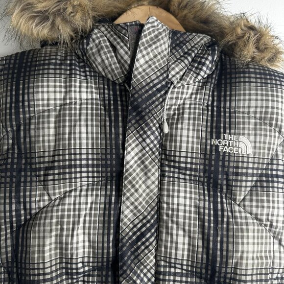 North Face Vest Womens Small P Plaid 600 Down Fill Hooded Faux Fur Puffer Jacket - Picture 2 of 16